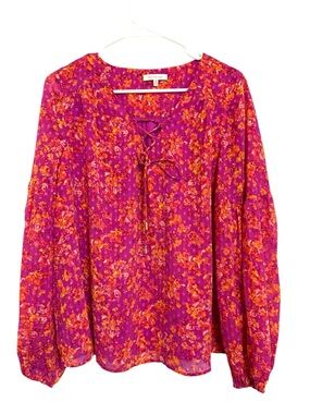 2/$30 Skies Are Blue Floral Peasant Blouse Medium Pink Orange Boho Long Sleeve